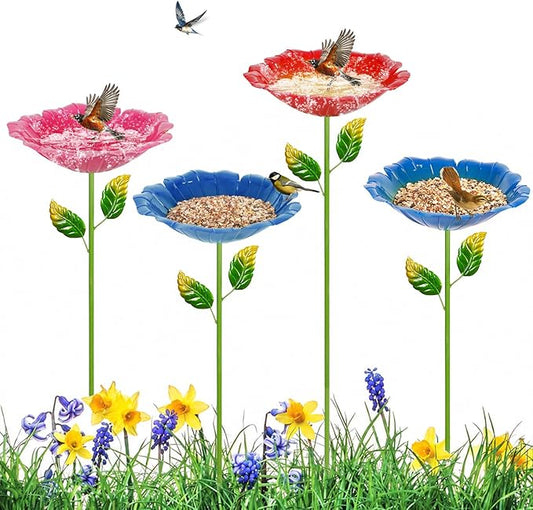 4 Pack Bird Baths for Outdoors, Colorful Metal Bird Bath for Outside, Hummingbird Bath with Five Stakes, Garden Flower Small Birdbath for Garden Decor (Royal Blue,Pink,Cyan,Deep Red)