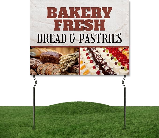 Bakery Fresh - Pastries & Bread! Yard Sign by DC | 24"x18" Double Sided Conv. Store Garden Sign with 13” Metal Stakes | Outdoor Signs Waterproof for Lawn, Patio, Sidewalk & House | Set of 4