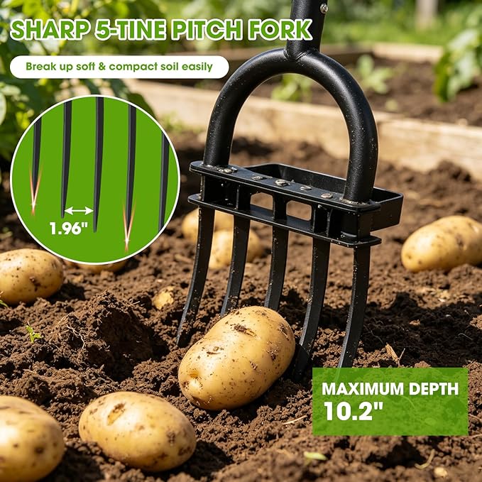 Broad Fork Garden Tool, 50” Heavy Duty Broadfork Hand Tiller with Double 5 Sharp Tines, Garden Pitchfork with Ergonomic D-Shaped Handle, Spading Digging Fork for Compost Soil Cultivating Loosening