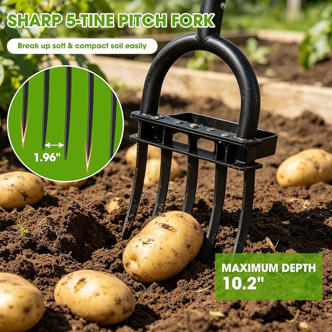 Broad Fork Garden Tool, 55" Heavy Duty 5 Sharp Tines BroadFork Hand Tiller Garden Pitchfork with Ergonomic Handles for Spading Digging Fork Gardening Cultivating Composting and Loosening