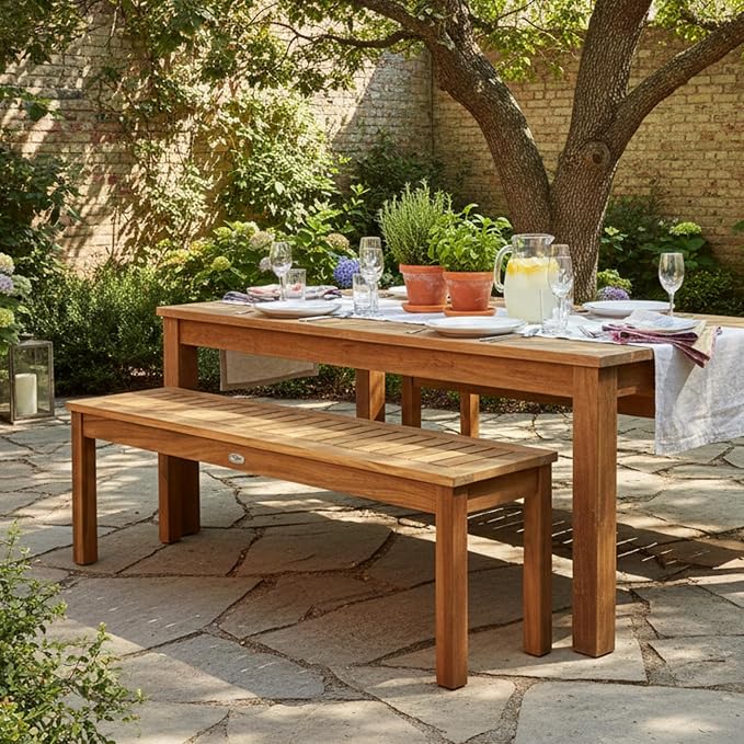 Tangkula 52 Inches Acacia Wood Outdoor Bench for Dining Room, Entryway, Poolside, Garden - Patio Backless Dining Seat with Slatted Design, Ideal for Outdoors & Indoors