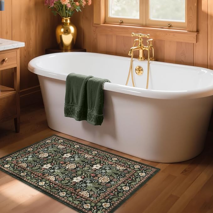 GarveeHome Small Forest Green Entryway Rug, 2x3 Washable Front Door Rug Indoor Entrance Floral Carpet Non-Slip Low Pile Throw Rugs for Kitchen Floor, Powder Room, Entry, Bathroom, Kids Room