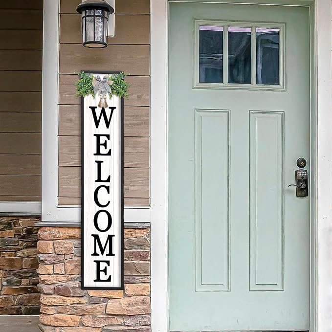 Welcome Sign for Front Porch Standing 45"X9" Large Vertical Farmhouse Outside Front Door Sign Leaner Tall Vintage Outdoor Wreath Patio Garden Wood Framed Decorations (Black)