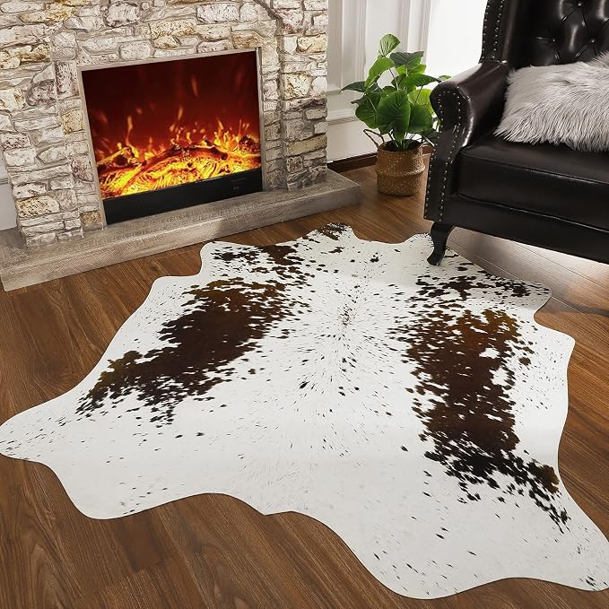 AROGAN Faux Cowhide Rug, Cow Print Animal Area Rug, 5.2x6.2 Ft Spots Brown | Premium Cow Hide Carpet, Western Rug for Bedroom Living Room Decor, Durable Faux Cow Skin Cowhide Area Rug