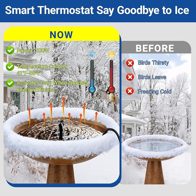 Upgrade Bird Bath Heater De-icer with Fountain Water Pump 200W Heated Bird Baths for Outdoors in Winter Thermostatically Controlled Upgrade 6ft Chew-Proof Cord for Garden Patio Backyard
