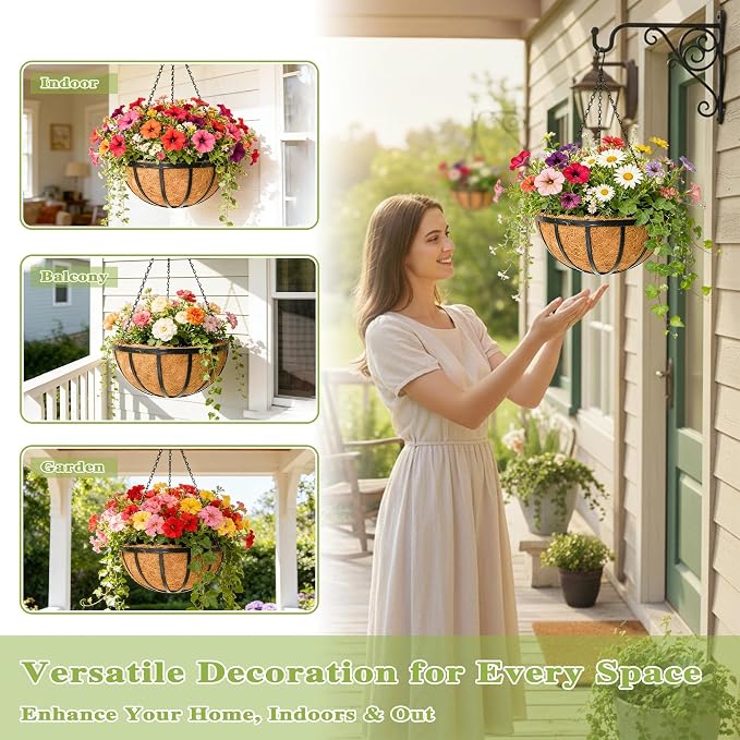12 Inch Black Flat Iron Metal Hanging Planter Basket with Coco Coir Liner(4 Pack) Hanging Planters for Outdoor Plants Hanging Baskets for Plants Flower Pots for Deck Patio Porch Garden Balcony