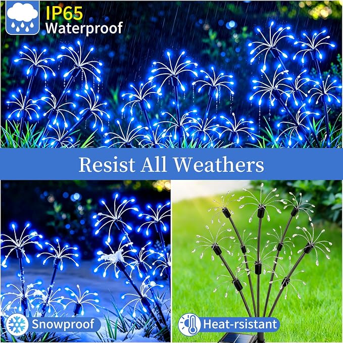 Solar Garden Lights Outdoor, 4 Pack 2-Layer Blue Solar Firework Lights, Waterproof Starburst Fairy Light Garden Decor for Yard Patio Pathway Lawn, Unique Gifts for Women Mom Grandma Mother's Day