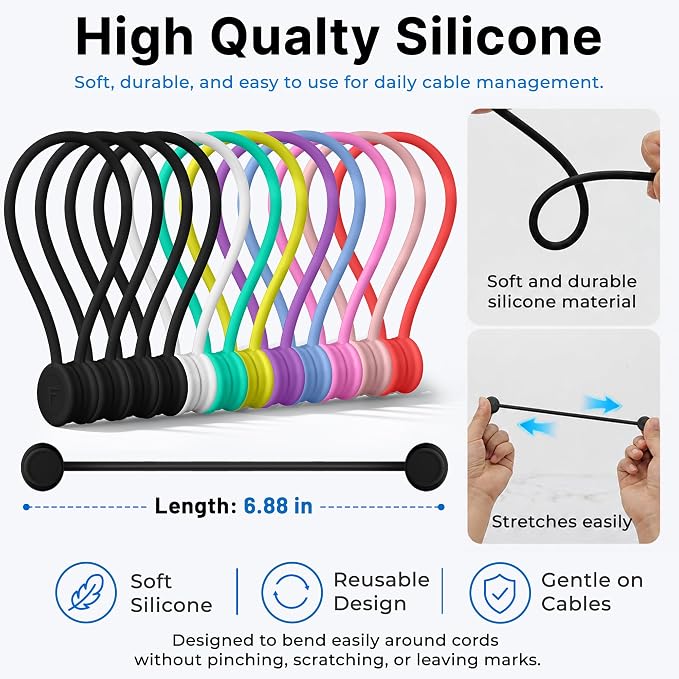 COOLMI Magnetic Cable Ties 12 Pack, 6.88 Inch Reusable Silicone Cord Organizer Wraps, Magnetic Cable Straps for Charging Cords, USB Cables, Earbuds, Travel, Black & Assorted
