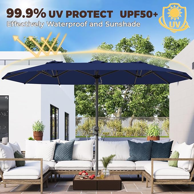 GDPFN 13FT Large Patio Umbrella, Outdoor Deck Standing Umbrella with Crank Handle, Double-Side Rectangular Pool Umbrella for Outside, Market, Patio, Navy Blue (Base Not Include)