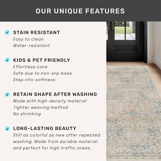3x5 Washable Area Rug for Bedroom Beside Bed Mat, Large Kitchen, Entryway Rug Indoor - Ultra Soft Vintage Floral Beige Blue Decor Non-Slip Low Pile Stain Resistance