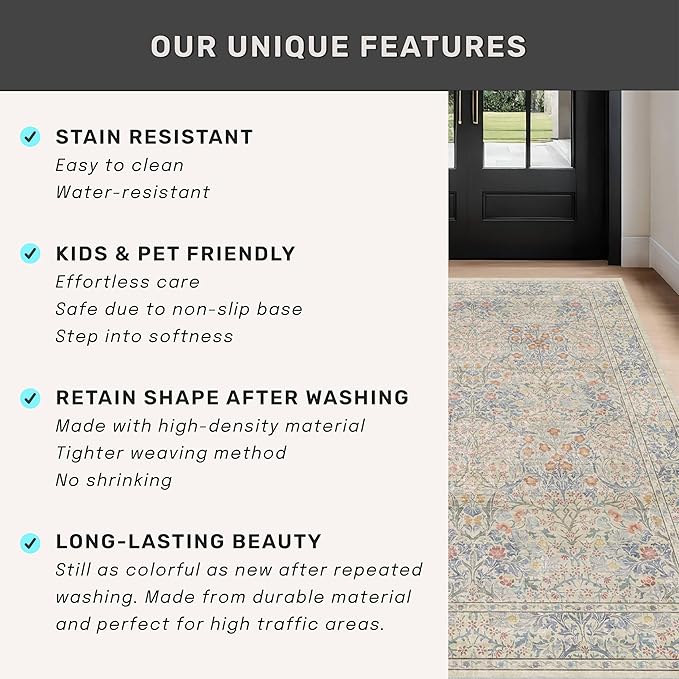 Vintage Beige Blue 3x10 Runner Rug for Hallway, Kitchen, Bathroom, Entryway Indoor, Washable Non Slip Rubber Backing Stain Resistant - Botanical Home Decor