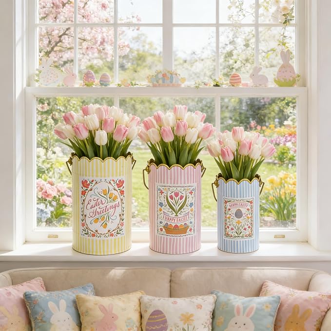 Set of 3 Vintage Spring Metal Planter with Handle, Decorative Floral Bucket Cute Striped Design Flower Pots for Garden & Home Decor