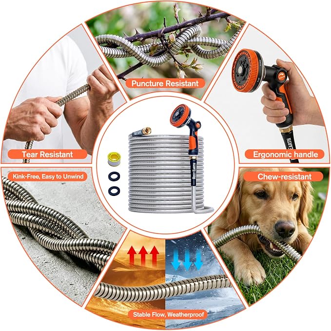 Rosy Earth 75ft Stainless Steel Garden Hose, Heavy Duty Metal Water Hose with 8 Functional Ultra-Wide Nozzle, No-Kink Outdoor Hoses Flexible Tough Water Hose Sprayer for Yard, RV