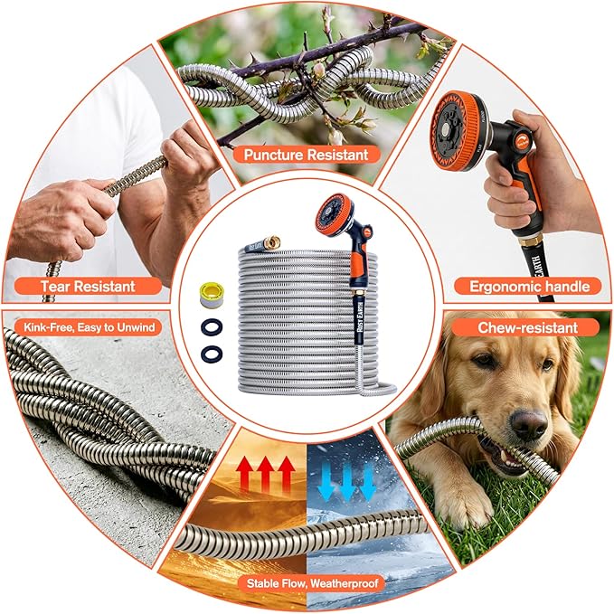 Rosy Earth 200ft Stainless Steel Garden Hose, Heavy Duty Metal Water Hose with 12 Functional Ultra-Wide Nozzle, No-Kink Outdoor Hoses Flexible Tough Water Hose Sprayer for Yard, RV