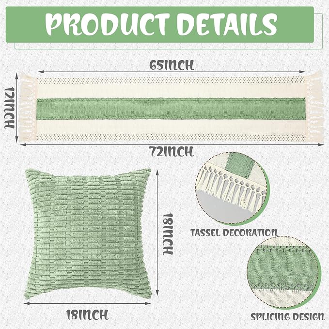 Beeveer 8 Pcs Sage Green Picnic Kit Extra Large Outdoor Boho Picnic Blanket 91x71'', Low Table Runner, 6 Throw Pillow Covers, Woven Cotton Yarn Oversize Washable Beach Blanket for Camp Wedding Garden