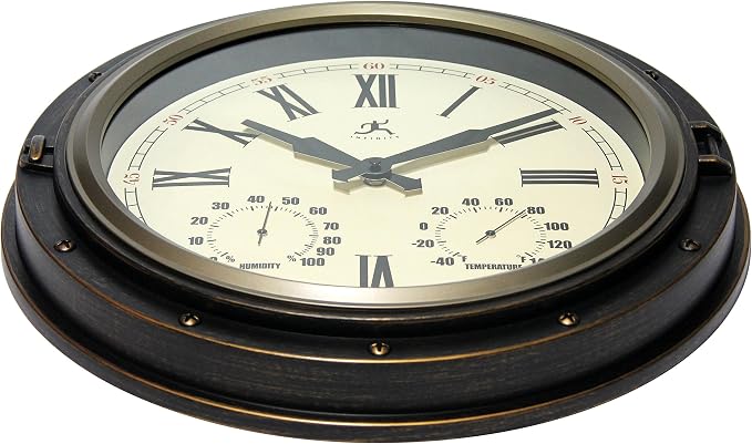 Infinity Instruments Forecaster Indoor/Outdoor Wall Clock, Thermometer, Hygrometer combo, Stylish Durable Waterproof Weather Station for your Home, 16 Inch, Bronze