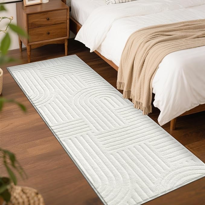 SHACOS Soft Cozy Fluffy Arch Pattern High Low Pile Runner Rugs 2'x6' Non Slip Washable Scandinavian Minimalist Rug Modern Geometric Arc Carpet for Living Room Bedroom Bathroom, Cream White