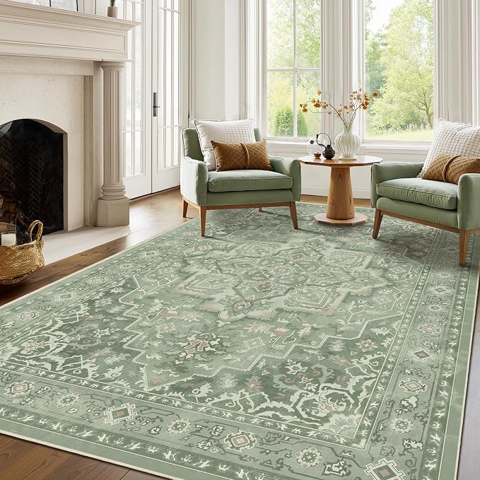Sage Green Living Room Rug 6x9, Washable Non Slip Rug for Dining Room Under Table, Modern Vintage Medallion Low Pile Thin Carpet Rugs for Bedroom Den Home Office, Cozy Cottagecore Soft Green