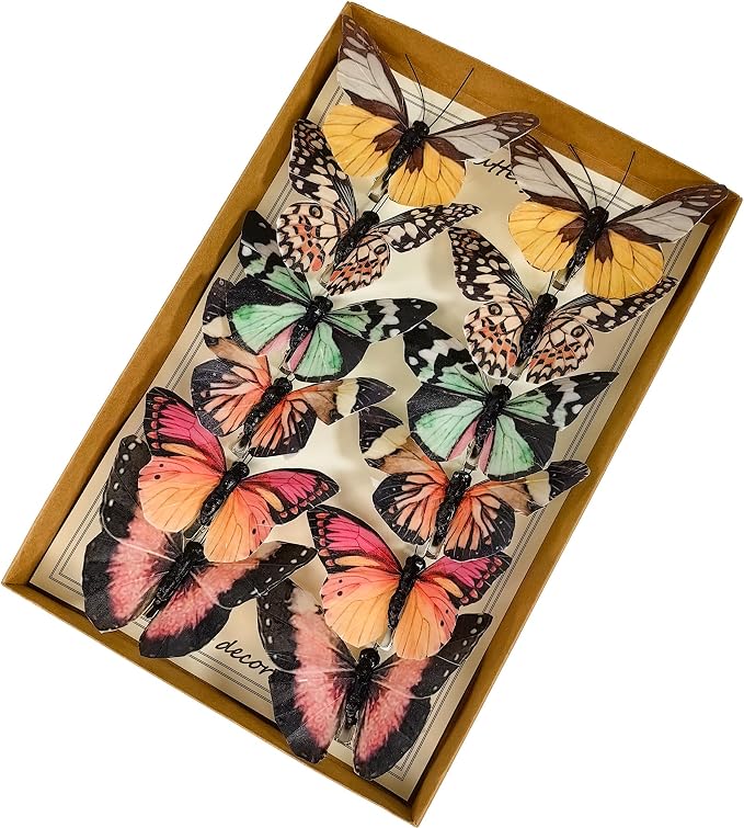 Berfutall-Artificial Feather 3D Butterfly Party Decorations Set of 12 with Clip 6 Color Ornaments for Home Decoration