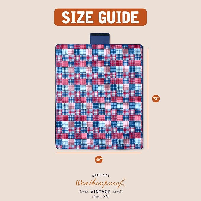 Weatherproof Vintage Waterproof Outdoor Blanket- Blue and Red Roll Up Throw Blanket with Handle, Velcro Closure - Camping Supplies, Travel Blanket for Beach, Picnic & Events, 60"x72" (Madras)