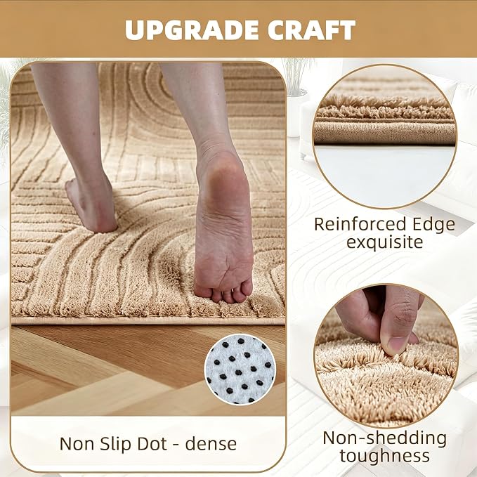 Camel Boho 8x10 Solid Color Area Rugs, Washable Living Room Rug | Ultra Soft Plush High-Low Pile Carpet, Fluffy, Non-Slip Durable Rugs for Bedroom, Kids Room, Nursery, Apartment, Home Office