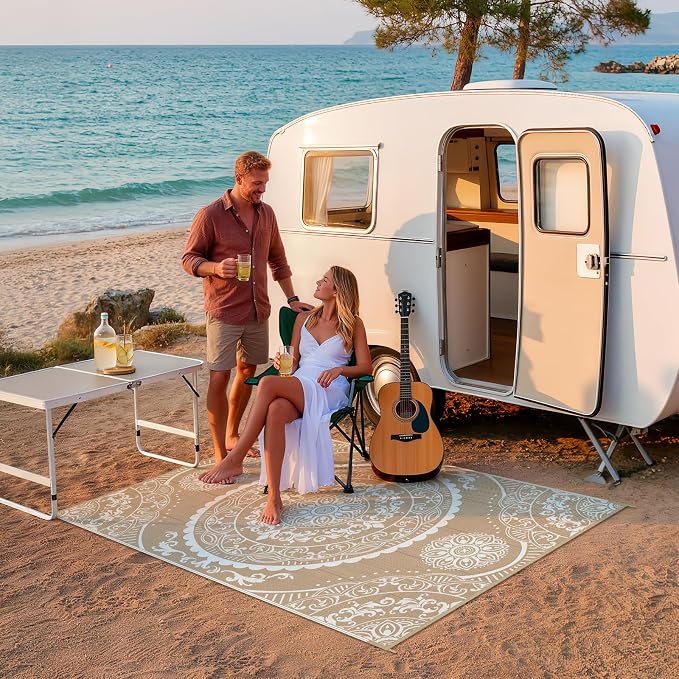 Pauwer Waterproof Outdoor Rug 5x8, Reversible Plastic Straw Patio Camping Rug, Indoor Outdoor RV Mat Carpet for Deck, Camper, Porch, Balcony, Backyard, Picnic, Paisley Brown