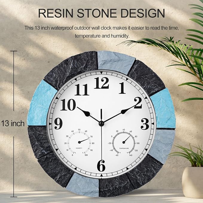 JoFomp 13 Inch Resin Faux-Stone Outdoor Clocks Waterproof with Thermometer and Hygrometer Combo, Large Outdoor Clocks for Patio, Outdoor Wall Clocks Battery Operated, Outside Clock for Pool/Home