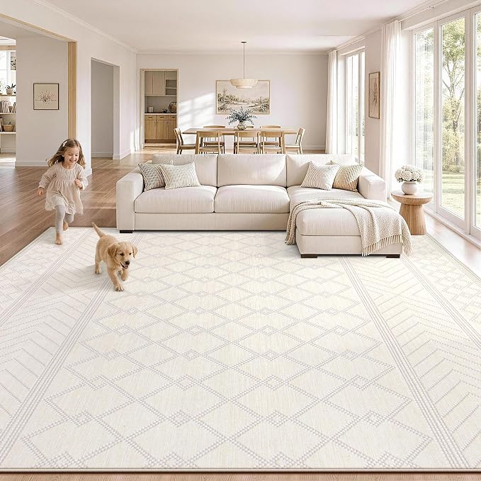 pmtsns Area Rugs 9x12 Washable Rug for Living Room(Beige, 9'x12') | Modern Geometric Moroccan Large Rugs Non-Slip Soft Stain Resistant Rug Indoor Printed Carpet for Bedroom Dining Room Nursery