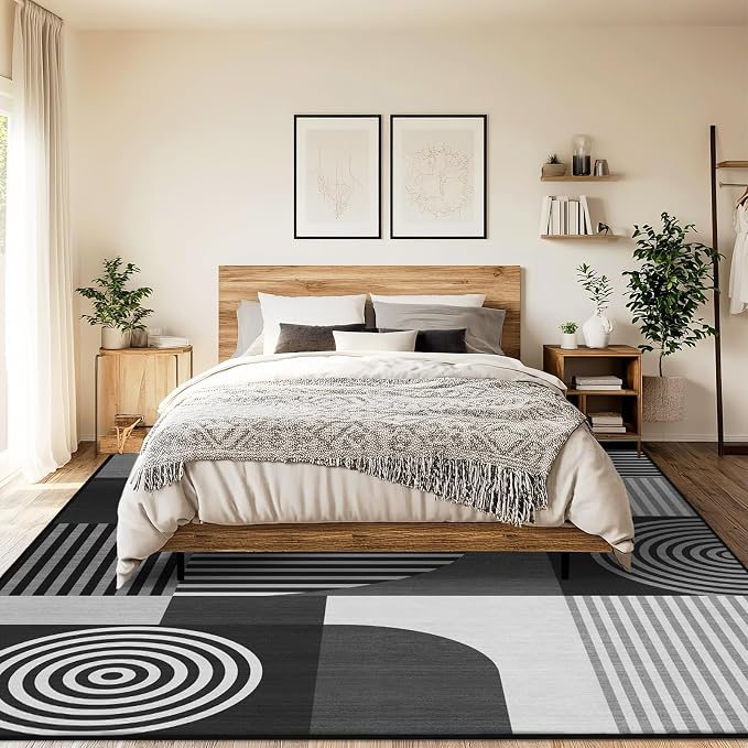 9x12 Area Rug for Living Room Grey Geometric Mid Century Modern Rug Machine Washable Black White Gray Minimalist Rugs Non Slip Low Pile Large Dining Room Indoor Floor Carpet for Bedroom Office