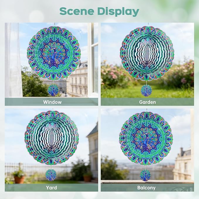 Peacock Wind Spinners Outdoor for Mother's Day, IDEA SHOW 12In Stainless Steel Wind Spinners, 3D Kinetic Hanging Sculpture, Rustproof Metal Garden Decor Ornaments for Yard Art, Women, Men, Holidays