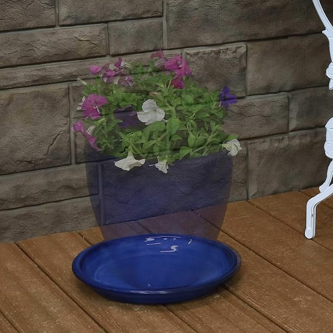 Sunnydaze 9-Inch Ceramic Plant Saucers - Plant Drip Trays for Outdoor Planter Flower Pot Drainage - Set of 2 - Imperial Blue