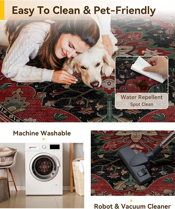 RELEANY Washable Area Rug, Round 6ft, Red/Black | Non-Slip, Water Repellent, Pet Friendly, Easy to Clean, Vintage Floral Boho Decor for Living Room Bedroom Dining Room