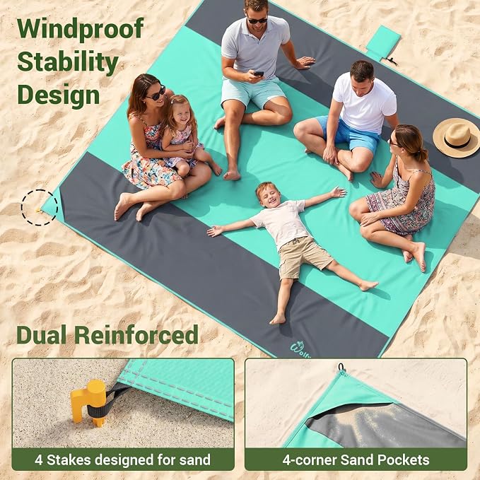 Wolfwise 78" × 108" XXL Beach Blanket, Waterproof & Sandproof Picnic Mat with 4 Sand Pockets & 4 Stakes, Windproof Outdoor Camping Beach Mat, Lightweight, Fits 6 People, Pink