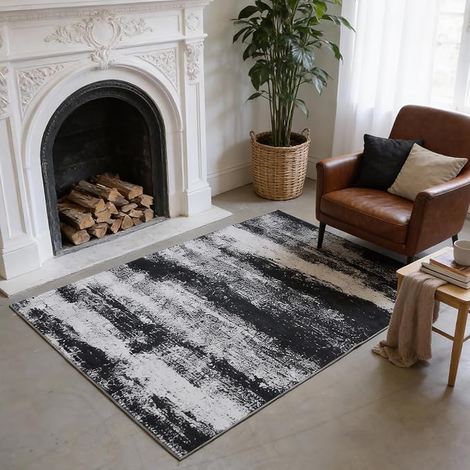 Decorative Washable Area Rug 4'x6', Soft Large Rug for Living Room and Bedroom, Black Pattern