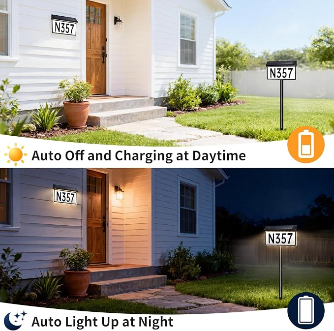 Solar House Numbers Sign, 56 LEDs 3-Color Adjustable (Warm/Cool/Natural White), IP65 Weatherproof, 2000mAh Battery Solar Address Sign for Home Mailbox Driveway Garden