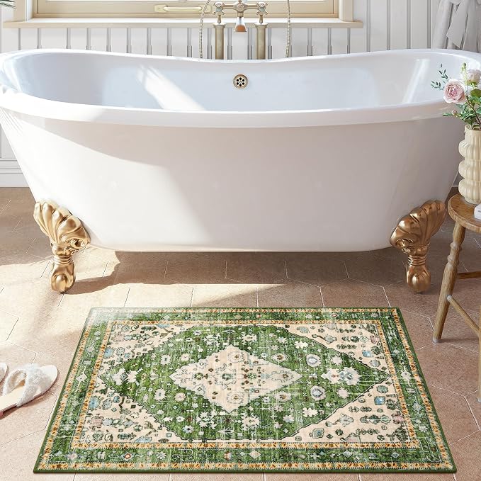 Lahome Felice Boho Tribal Area Rug, 2x3 Small Green Rug for Entryway, Soft Non Slip Washable Bathroom Mat Bohemian Low Pile Indoor Floor Door Carpet for Entryway Chair Bedroom Living Room, Green