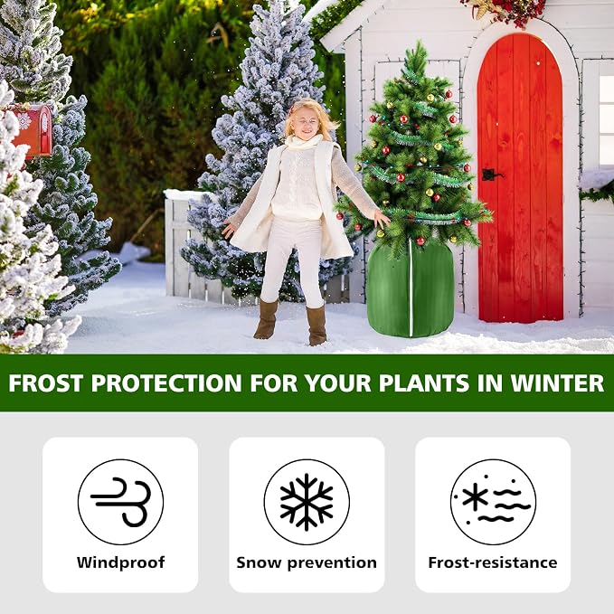 2 Pcs Large Plant Pot Covers for Winter Potted Plant Freeze Protection Cover Frost Jacket with Zipper Drawstring to Keep Outdoor Plants Flowers Shrubs Trees Warm (25.6" D x 19.7" H - Green)