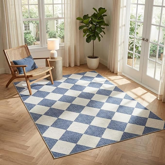 GarveeHome 3x5 Checkered Area Rug Non Slip Washable Entryway Bedroom Rug | Modern Geometric Plaid Navy Blue Carpet Classic Throw Mat for Kitchen Bedside Kids Room Office Dining Room
