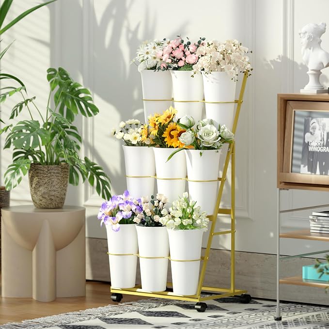 Invech Flower Display Stand with 9 Buckets, 3 Tier Flower Cart Display Stand and Wheels for Indoor Outdoor Garden, Wedding, Flower Shop (Gold)