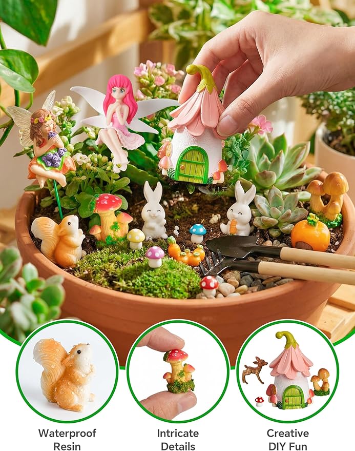 50-Piece Mini Fairy Garden Accessories Kit, Resin Fairy House (3.1" H) with 49 Miniature Figurines - Animals, Mushrooms and Fairies for DIY Terrarium, Planter, Flower Pot and Desktop Decor