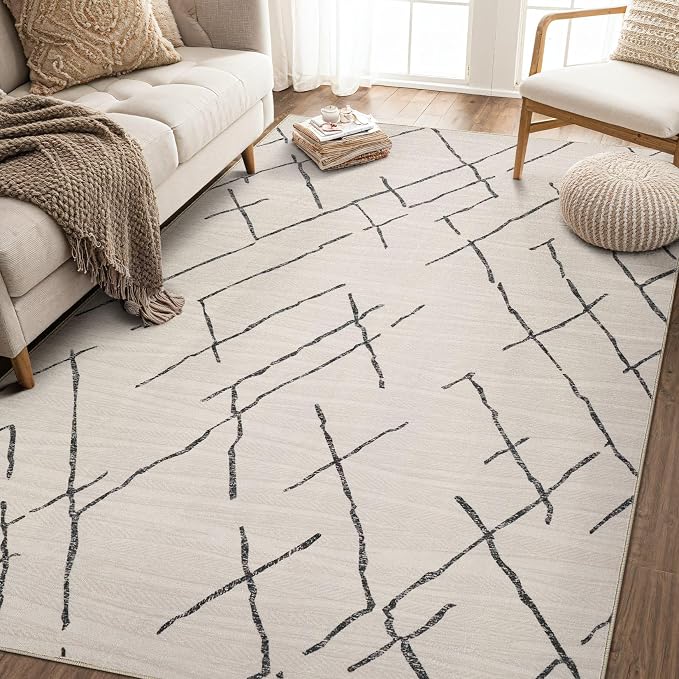 kakania Washable 5x7 Area Rug for Living Room: Boho Geometry Home Decor | Soft Stain Resistant, Low-Pile, Non-Slip, Pet & Kid Friendly, Thin Rug for Bedroom/Dining Room/Kids Dorm - Beige