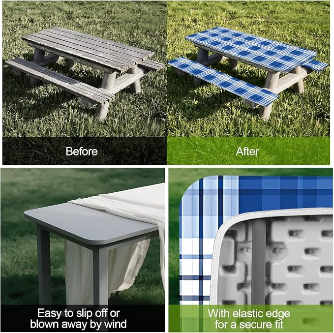 Picnic Table Cover with Bench Covers Set of 3 - Traditional Checkered Dark Blue Plaid Tablecloth, Elastic Fitted for 6 Ft Tables, Washable Polyester Cover for Camping, Indoor & Outdoor