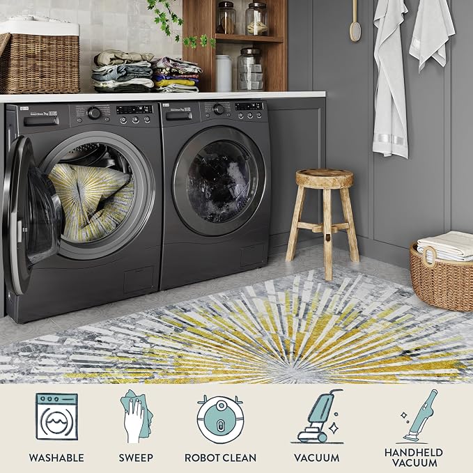 Lahome Manon 8x10 Rugs for Living Room, Modern Bedroom Area Rug Aesthetic Low Pile Soft Dining Room Rug, Washable Abstract Golden Indoor Carpet for Playroom Nursery
