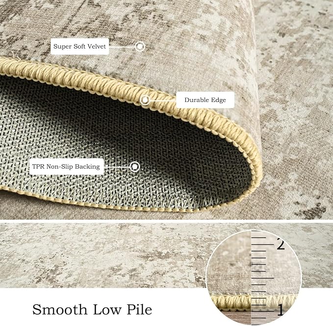 Toneed Washable 6x9 Beige Area Rug with Non-Slip Backing for Living Room | Abstract Modern Rugs, Soft Low Pile Carpet for Bedroom Kitchen Dining Room Nursery Indoor Floor Office Home Decor
