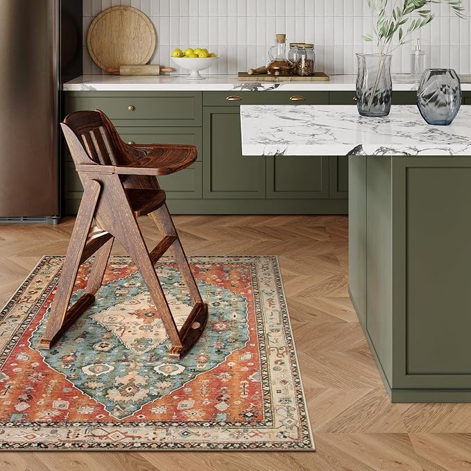 Lahome Felice Boho Tribal 4x6 Washable Rugs for Bedroom, Soft Non-Slip Area Rugs for Living Room, Vintage Oriental Indoor Accent Kitchen Carpet for Dining Room Nursery Camper (Rust/Dull Teal,4x6ft)