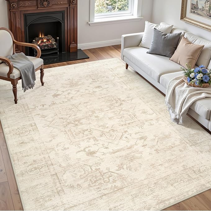4x6 Area Rugs Living Room: Bedroom Washable Carpet Beige/Brown | Large Vintage Boho Indoor Decor Neutral Soft Nursery Farmhouse Dining Room Office Floor Non-Slip Low Pile Under Table Rug