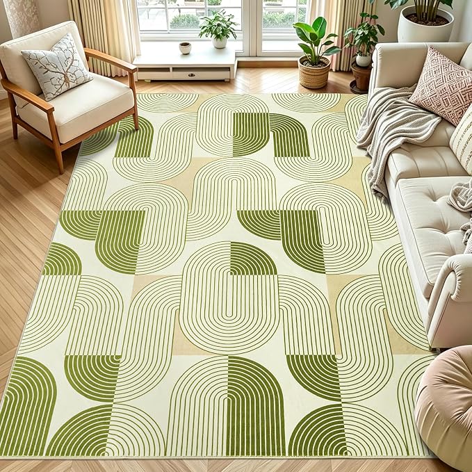 5x7 Washable Area Rugs for Living Room, Non Slip Boho Modern Rug | Stain Resistant, Soft Carpet Indoor Floor Carpets for Bedroom Dining Room Farmhouse Nursery Hallway Home Office, Green
