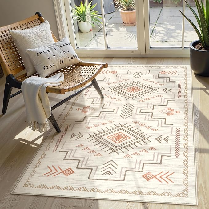STARUIA 3x5 Washable Area Rug Western Clearance, Non-Slip Small Entryway Rug Beige Aztec Tribal Classic Boys Rug for Bedroom Low-Pile Carpet for Indoor Kitchen Bathroom(Beige 3'x5')