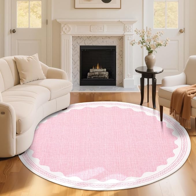 6ft Scalloped Round Rug Pink Washable Living Room Bedroom Area Rugs | Small Solid Rug for Bedroom Girls, Non Slip Scalloped Round Bath Mat, Soft Dorm Nursery Carpet for Bedside