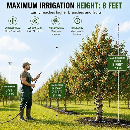 High-Flow Tree Irrigation System, 15FT 12mm Hose & 2Pcs 6.5FT Adjustable Nozzles, for Tree Roots & Canopies Irrigation, Leaf & Fruit Cleaning, Ideal for Fruit Trees & Ornamental Trees